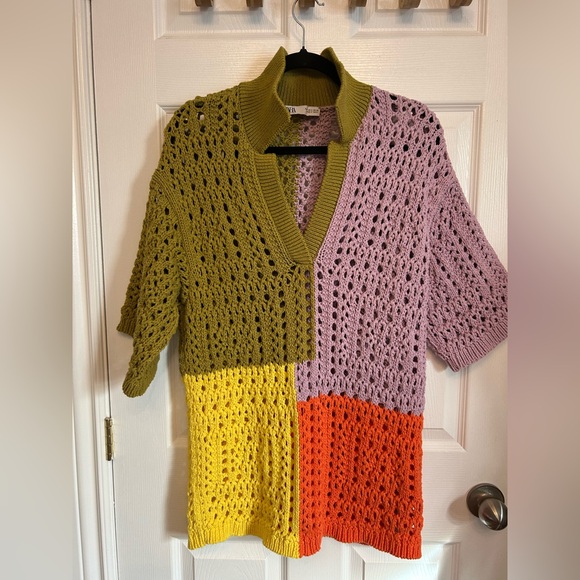 Zara Oversized Colorblock Patchwork Crochet Chunky Knit Granny Square Sweater S - Picture 2 of 15